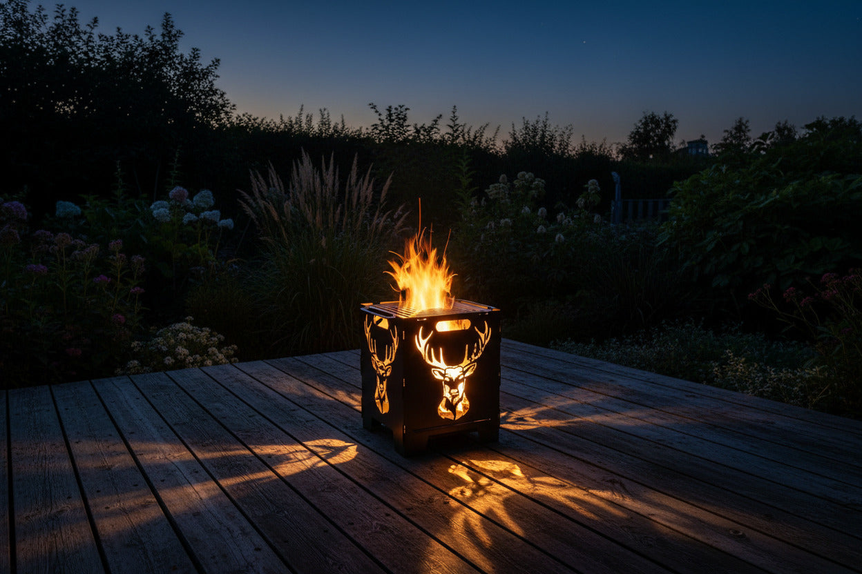„Feuerkorb Hirsch 1 auf der Terrasse – Lagerfeuer-Atmosphäre im Garten"